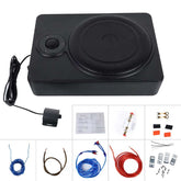 10-calowy smukły aktywny subwoofer samochodowy – 600 W pod siedzenie, kompaktowa konstrukcja i akcesoria montażowe.
