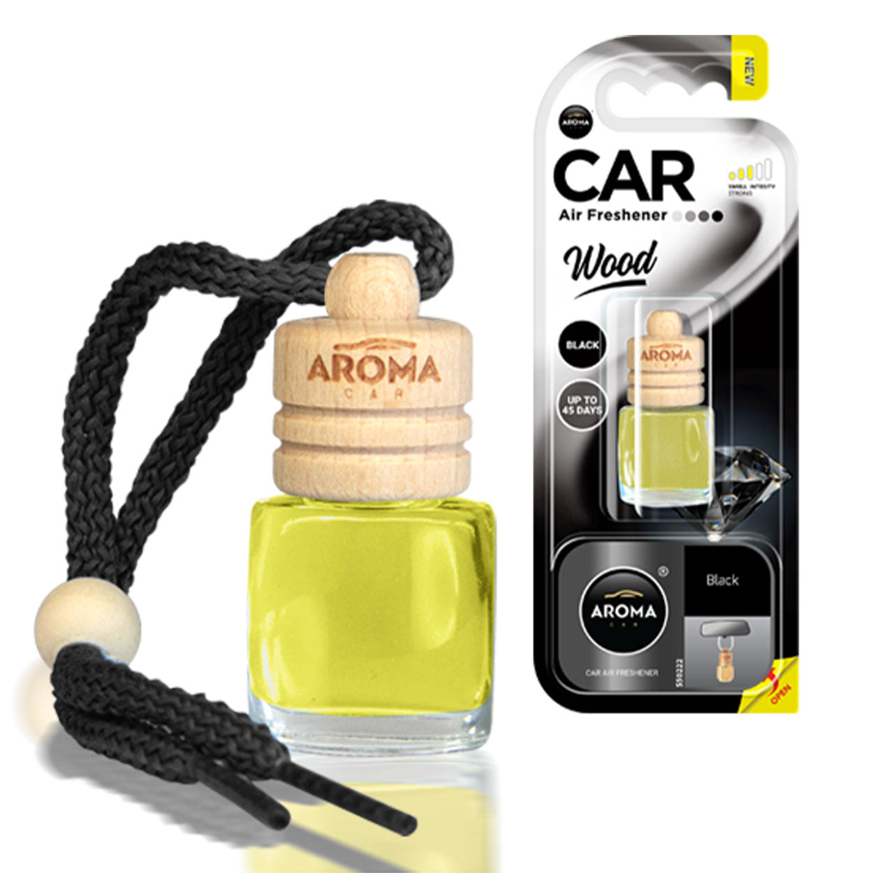 Aroma Wood Black odświeżacz powietrza do samochodu z szklaną buteleczką i drewnianym korkiem