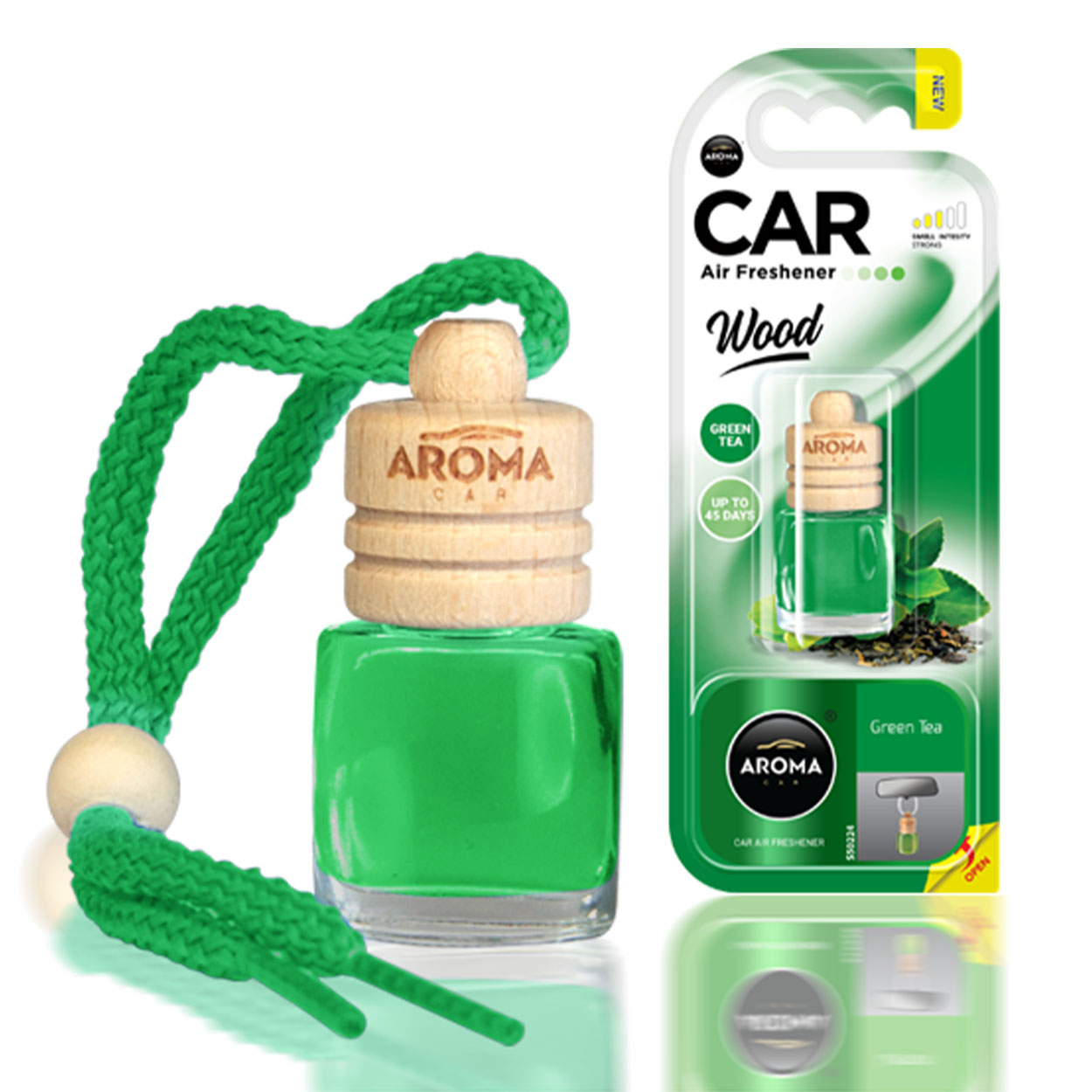 Zapach do samochodu o aromacie zielonej herbaty w szklanej butelce z drewnianym korkiem