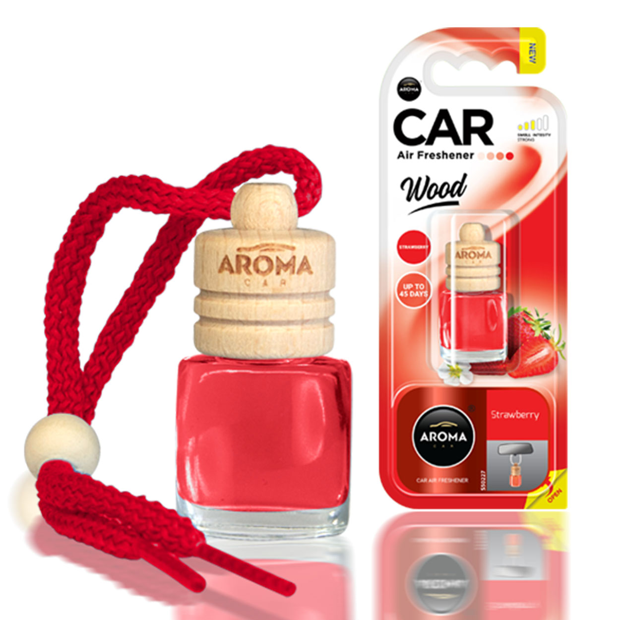 Odświeżacz powietrza do samochodu Aroma Wood Strawberry z szklaną buteleczką i drewnianym korkiem