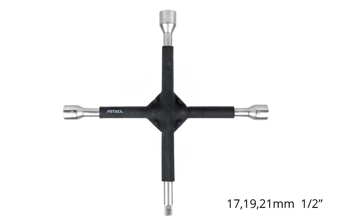 Klucz krzyżakowy z gumowanymi ramionami w rozmiarach 17, 19, 21 mm oraz 1/2 cala