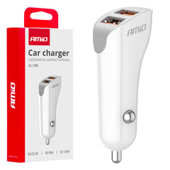 Hvid USB-billader til bil med 2 USB-A-porte