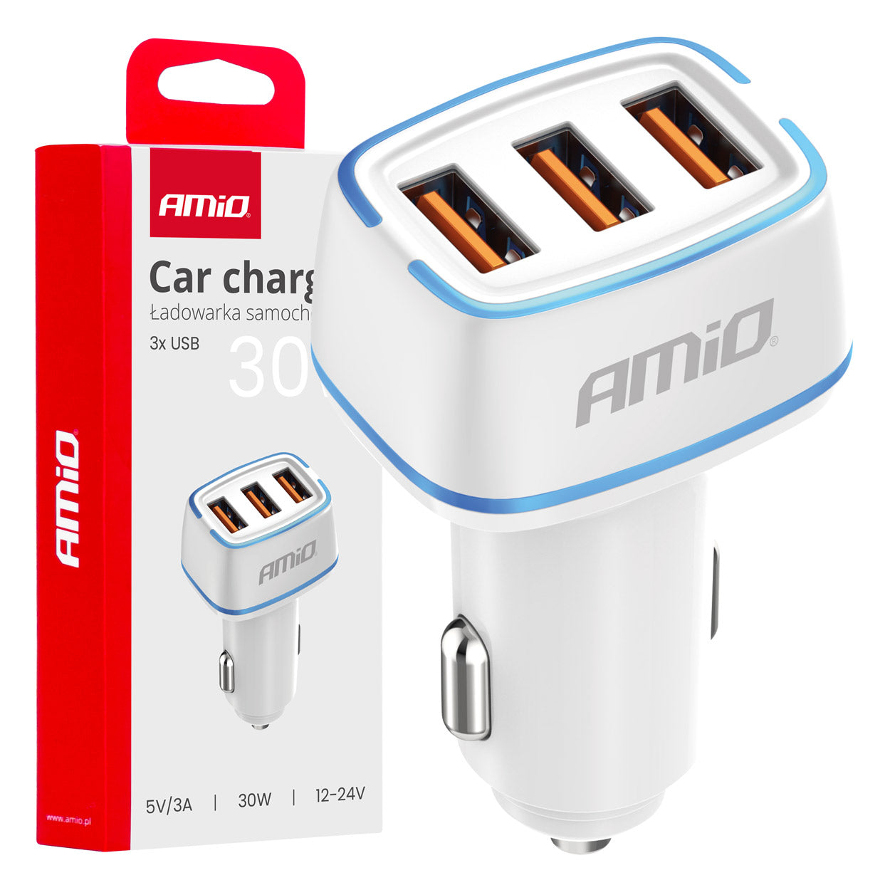Hvid USB-billader til bil med tre USB-A-porte