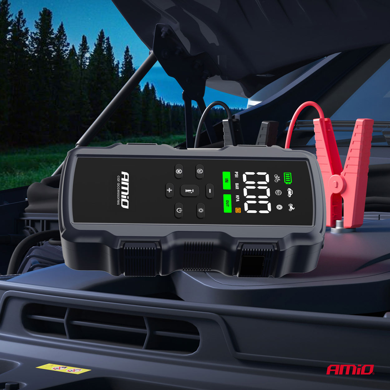 Multifunktionel 12V jump starter med kompressor