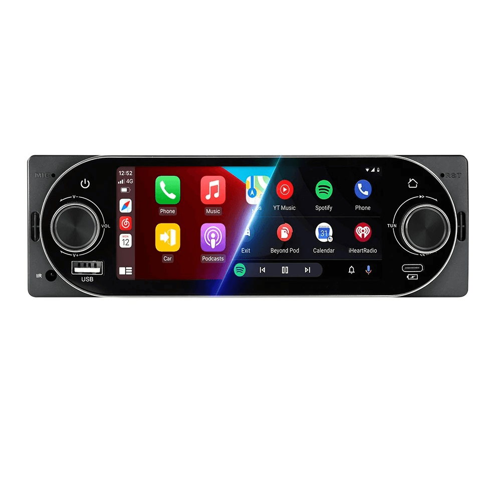 Radio samochodowe 1-DIN 5,2" z bezprzewodowym Apple CarPlay i Android Auto (Type-C, Bluetooth, FM) oraz ekranem dotykowym.