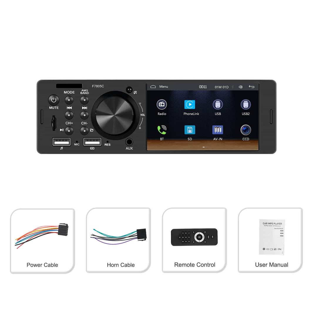 Uniwersalne - radio 1-DIN 4" z Apple CarPlay i Android Auto (przewodowe) z ekranem 4" i akcesoriami.