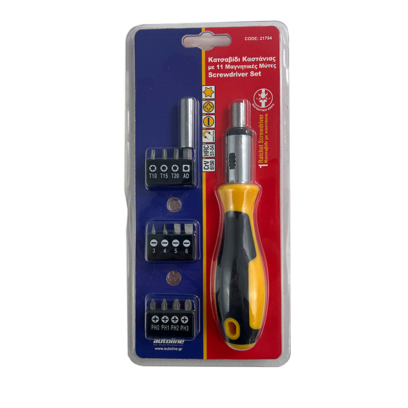 Zestaw wkrętaków z grzechotką z 11 magnetycznymi bitami
