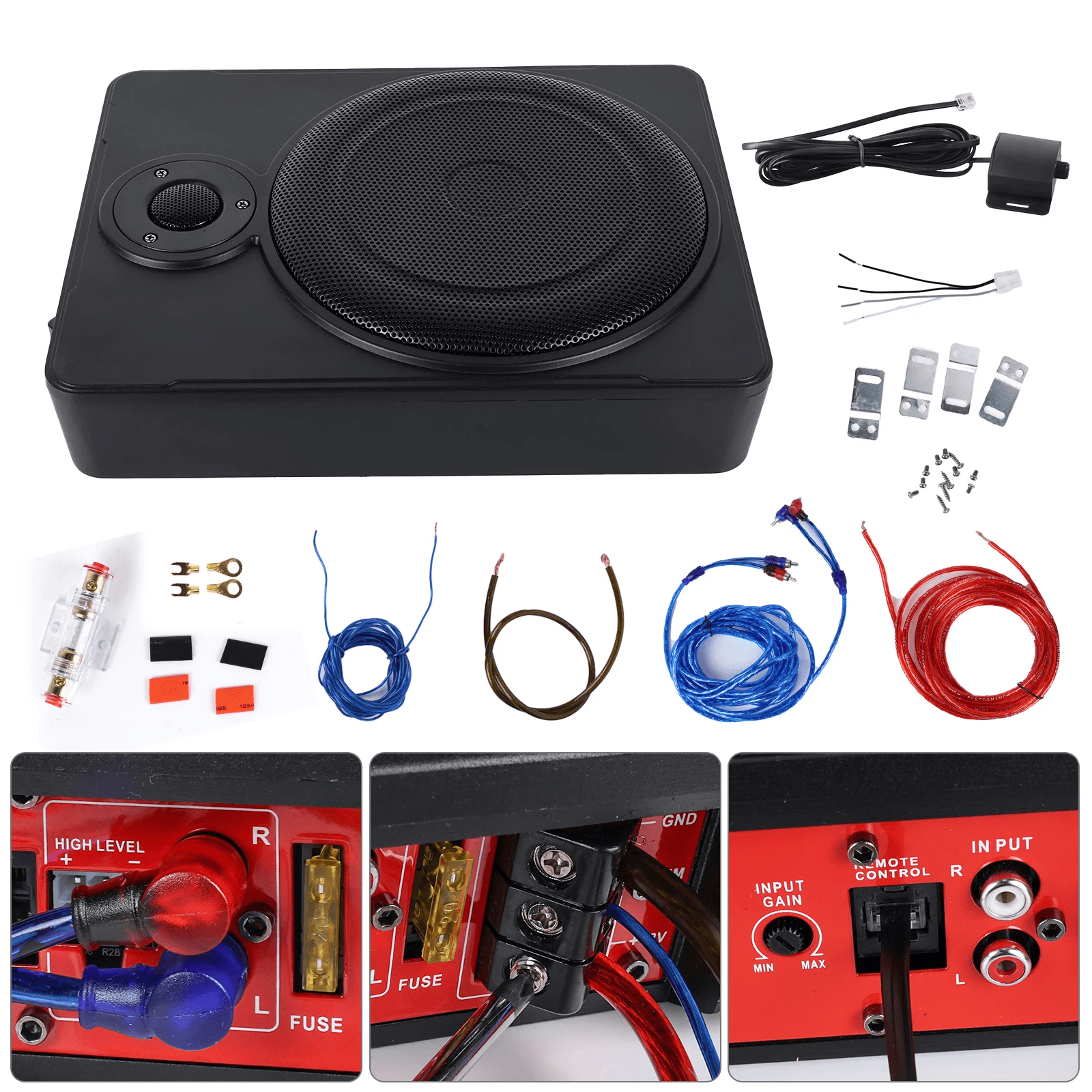 Aktiv Subwoofer 10" 600 W compact design with installation components and wiring instructions