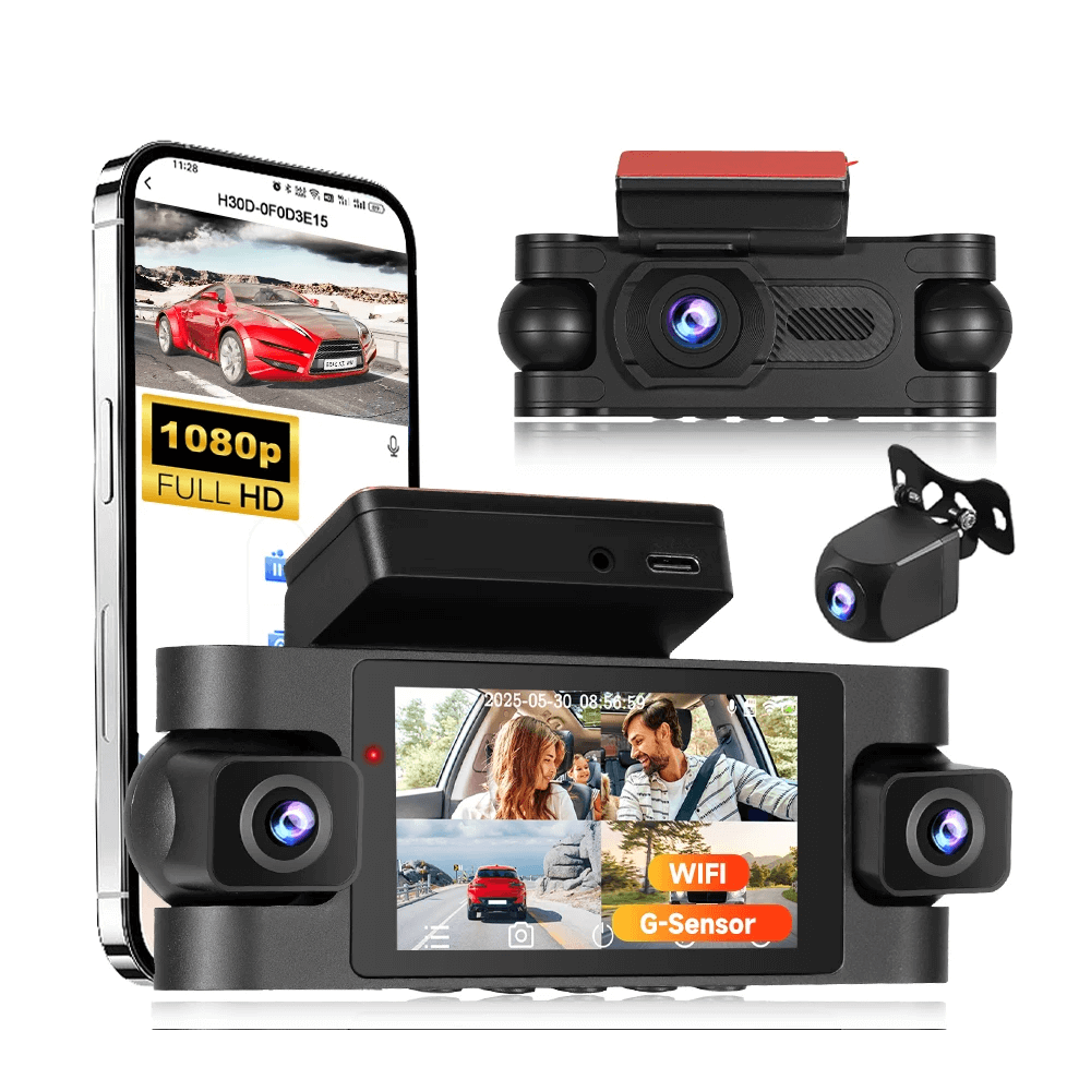 Kamera samochodowa 2K z 4 obiektywami, ekranem dotykowym i monitoringiem 360° z wieloma kamerami oraz łącznością ze smartfonem.