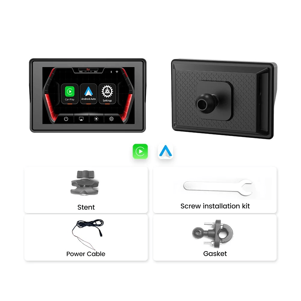 5” CarPlay do motocykla – bezprzewodowy Apple CarPlay i Android Auto (IP67), ekran z akcesoriami