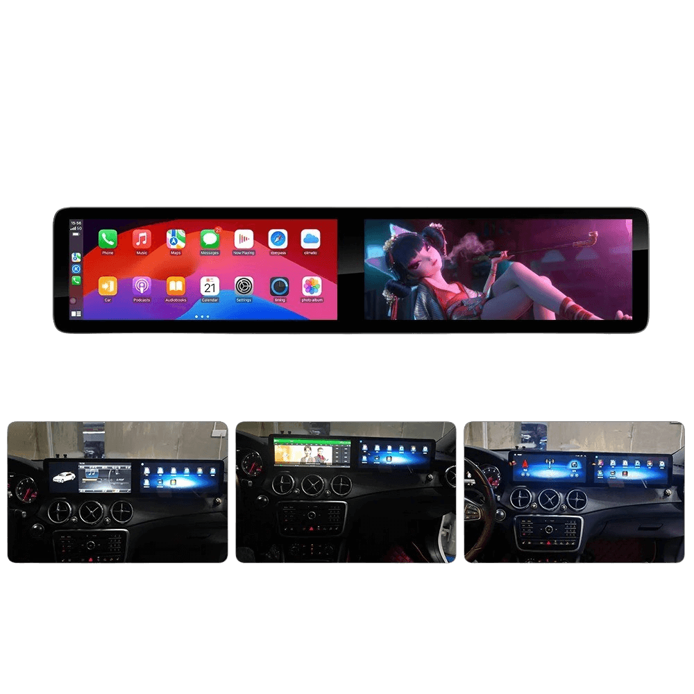 Mercedes A/CLA/GLA - 2x 12.3" skærm m. Apple CarPlay og Android Auto, dobbeltskærm til bilens infotainmentsystem.