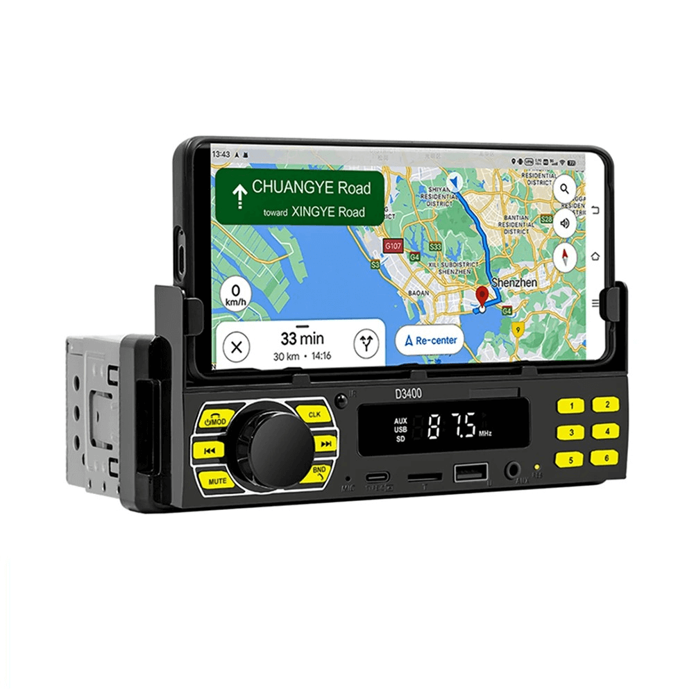 Uniwersalne radio 1-DIN z uchwytem na telefon, USB-C i Bluetooth 5.1 z nawigacją GPS w telefonie.