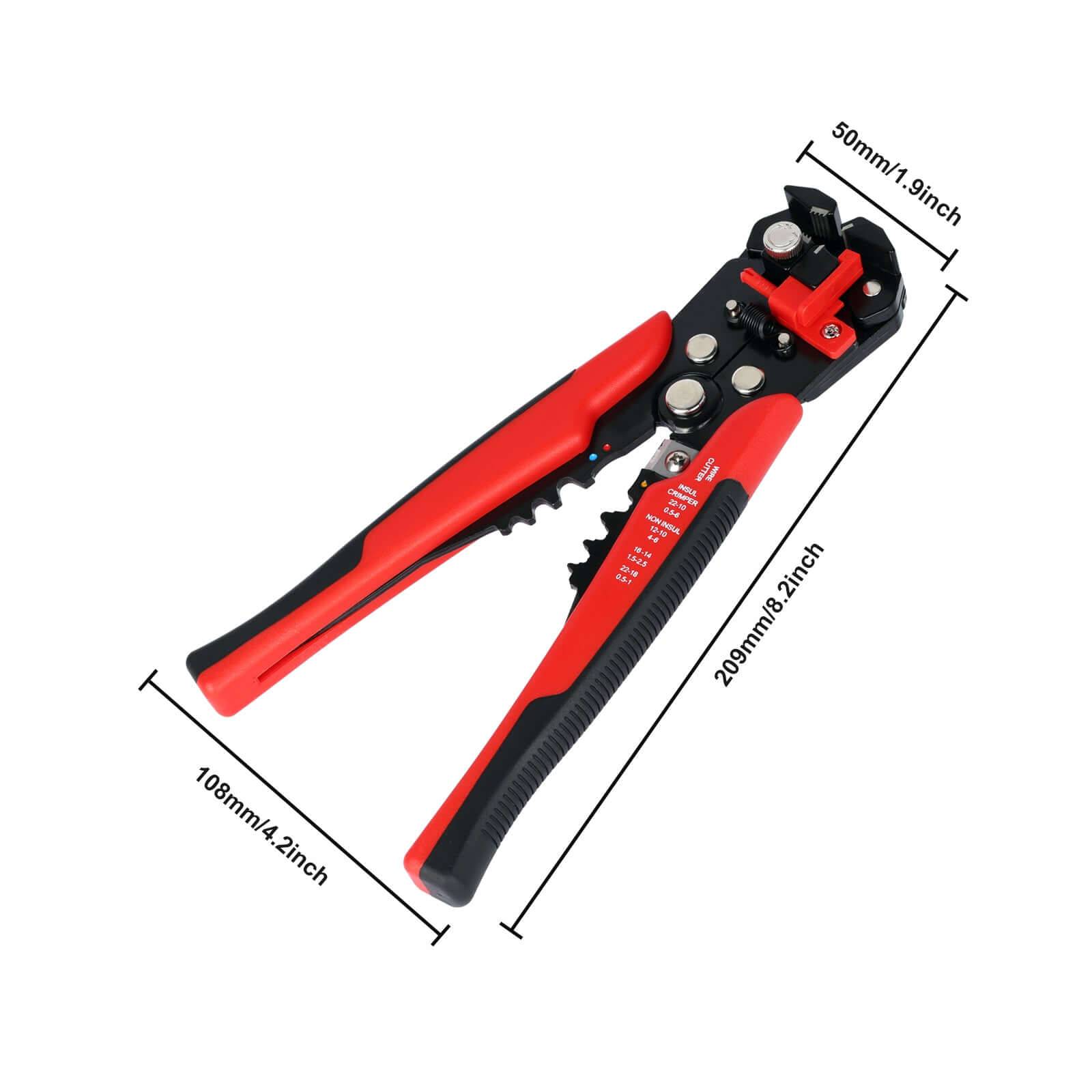 Szczegółowe zdjęcie automatycznych szczypiec do zdejmowania izolacji i zaciskania z wymiarami 50mm x 108mm x 200mm.