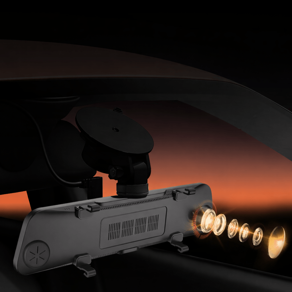 Lusterko wsteczne z wideorejestratorem i kamerą przednią oraz tylną – 10” ekran dotykowy IPS, widok zestawu Full HD 1080P od tyłu z detalami obiektywu.