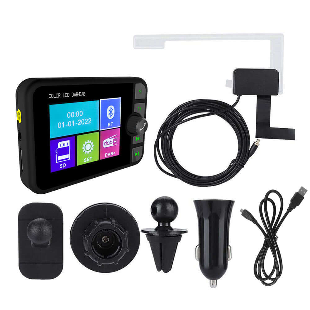 Adapter DAB+ z 2,4-calowym kolorowym wyświetlaczem LCD, Bluetooth, transmiterem FM i AUX – cyfrowe radio samochodowe z akcesoriami.