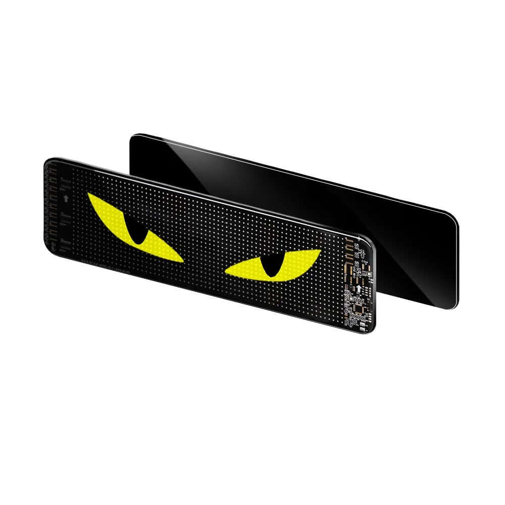 Wyświetlacz LED na szybę – elastyczny ekran matrycowy z Bluetooth (110×492 mm) z żółtymi oczami.