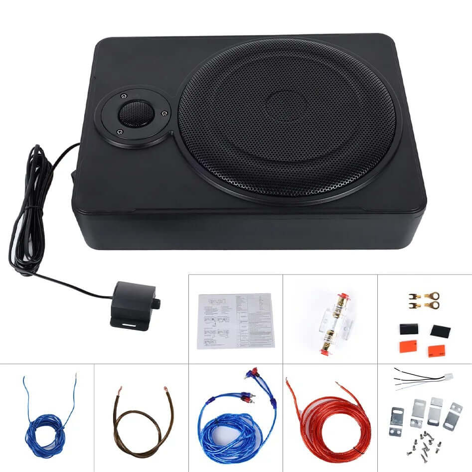 10-calowy smukły aktywny subwoofer samochodowy – 600 W pod siedzenie, kompaktowa konstrukcja i akcesoria montażowe.