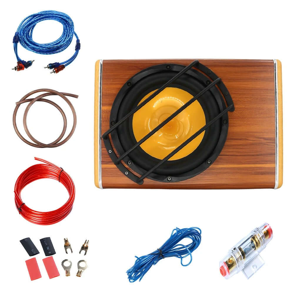 Subwoofer samochodowy 200W RMS – bas do bagażnika 3800W z akcesoriami i kablami do montażu.