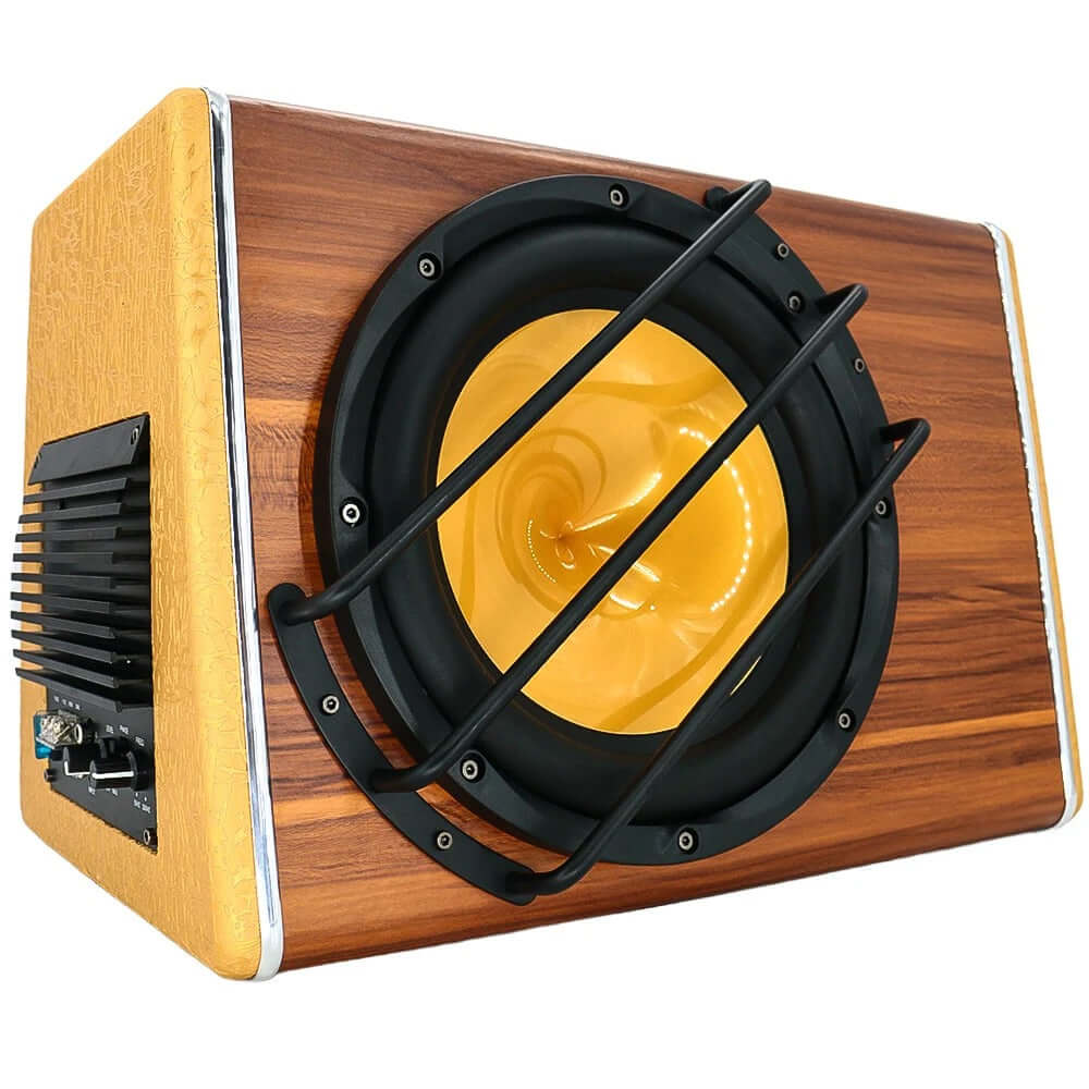 Subwoofer samochodowy 200W RMS – bas do bagażnika 3800W z wykończeniem drewnopodobnym i dużym głośnikiem niskotonowym