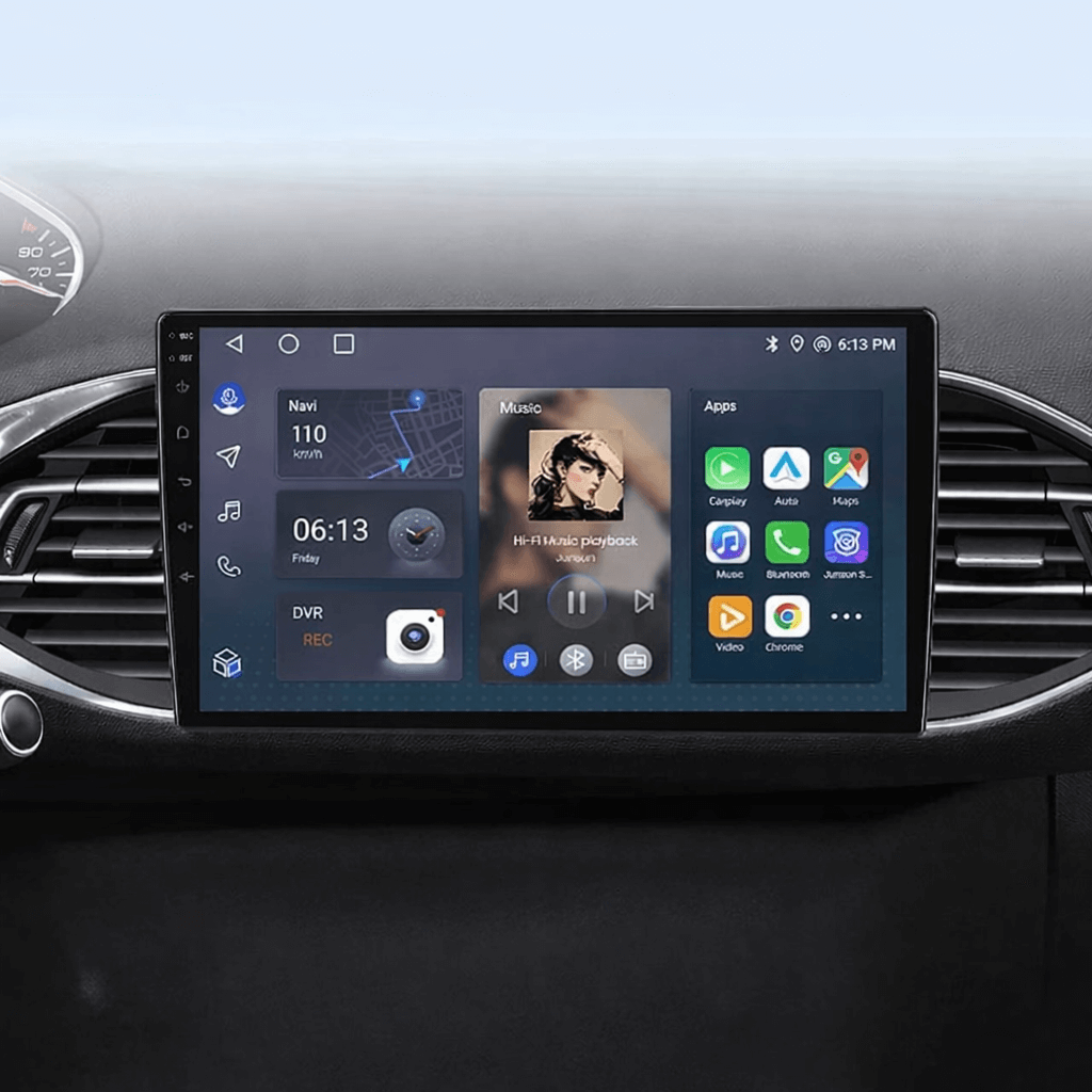 Peugeot 308 13-21 - radio 9" z Apple CarPlay i Android Auto zamontowane w desce rozdzielczej samochodu.