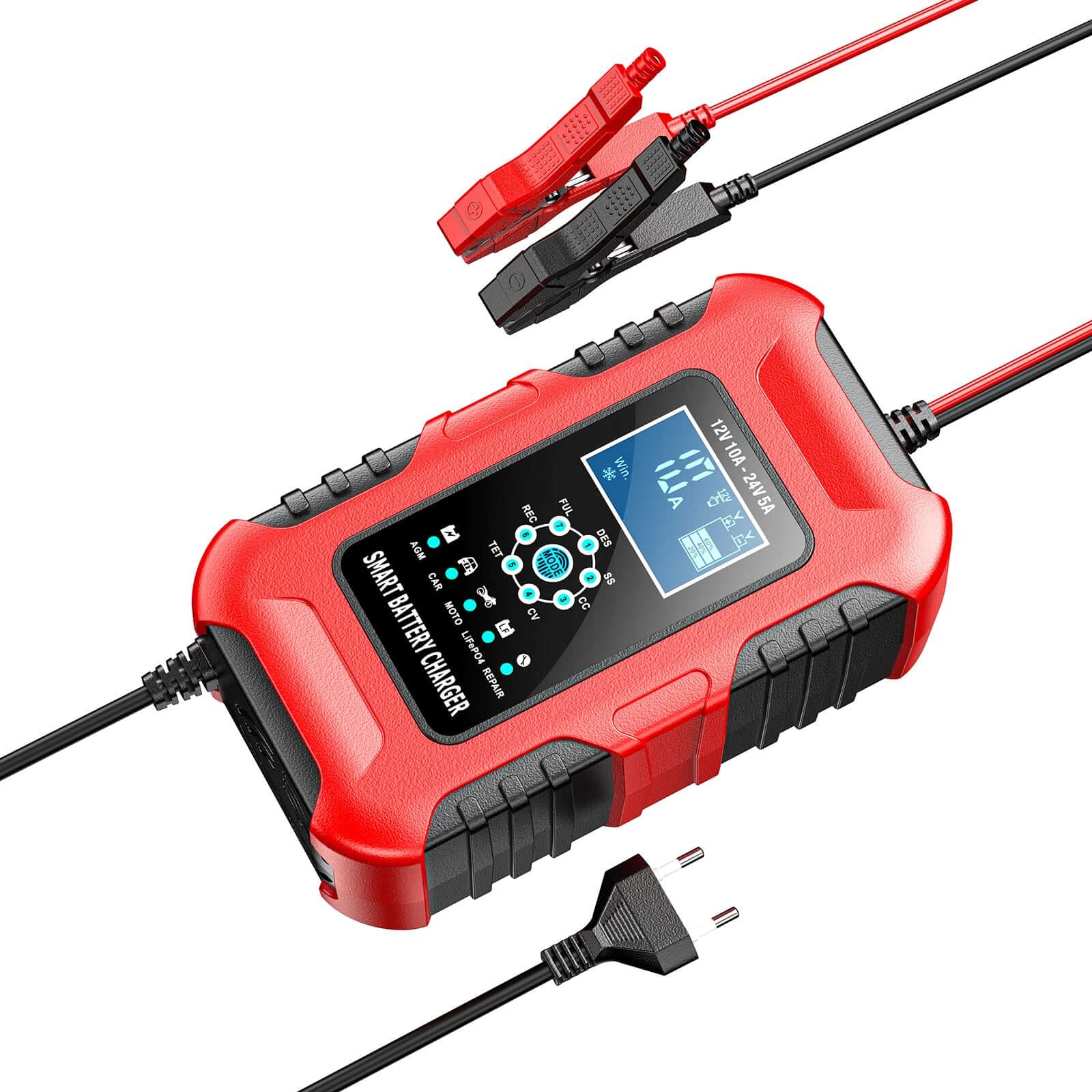 Smart ładowarka akumulatorów 12V 10A / 24V 5A z zaciskami do ładowania akumulatorów oraz wyświetlaczem LED pokazującym status ładowania.