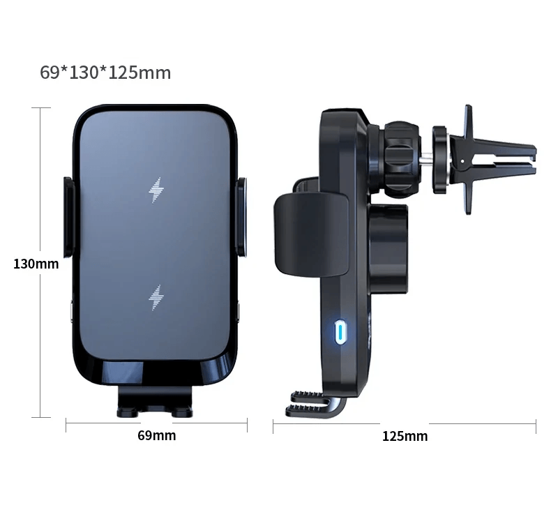 Bezprzewodowa ładowarka samochodowa i uchwyt na telefon 15W – automatyczny zacisk i obrót 360° o wymiarach 69x130x125mm