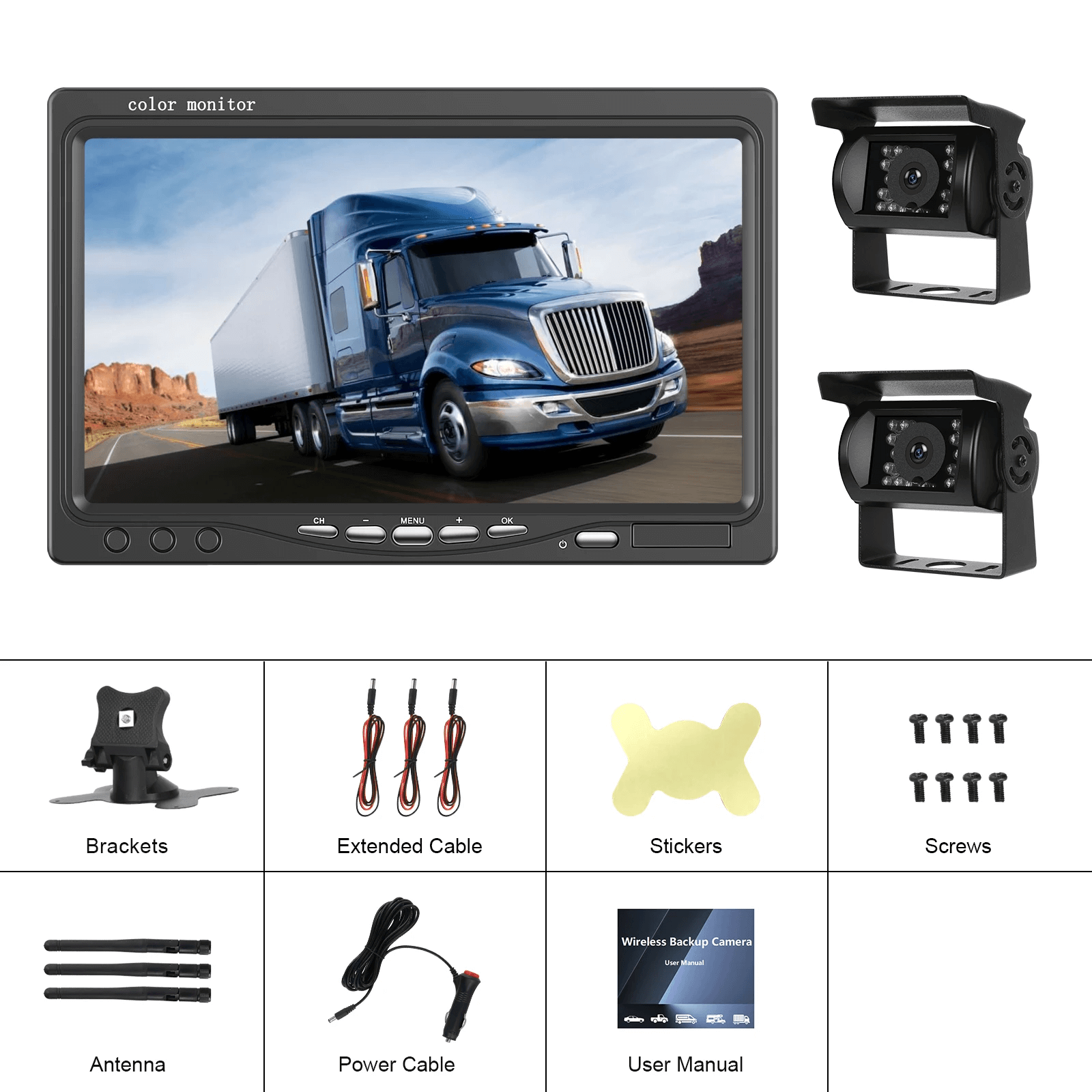 Bezprzewodowy zestaw kamery cofania z 7-calowym ekranem IPS i 2 kamerami – 1080P AHD, zawiera monitor i 2 kamery do bezpiecznego parkowania.