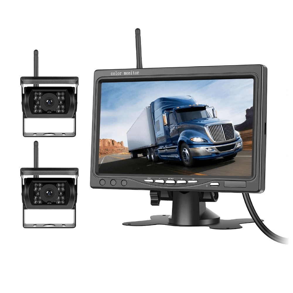 Bezprzewodowy zestaw kamery cofania z 7-calowym ekranem IPS i 2 kamerami – 1080P AHD, monitoring do ciężarówek i większych pojazdów.