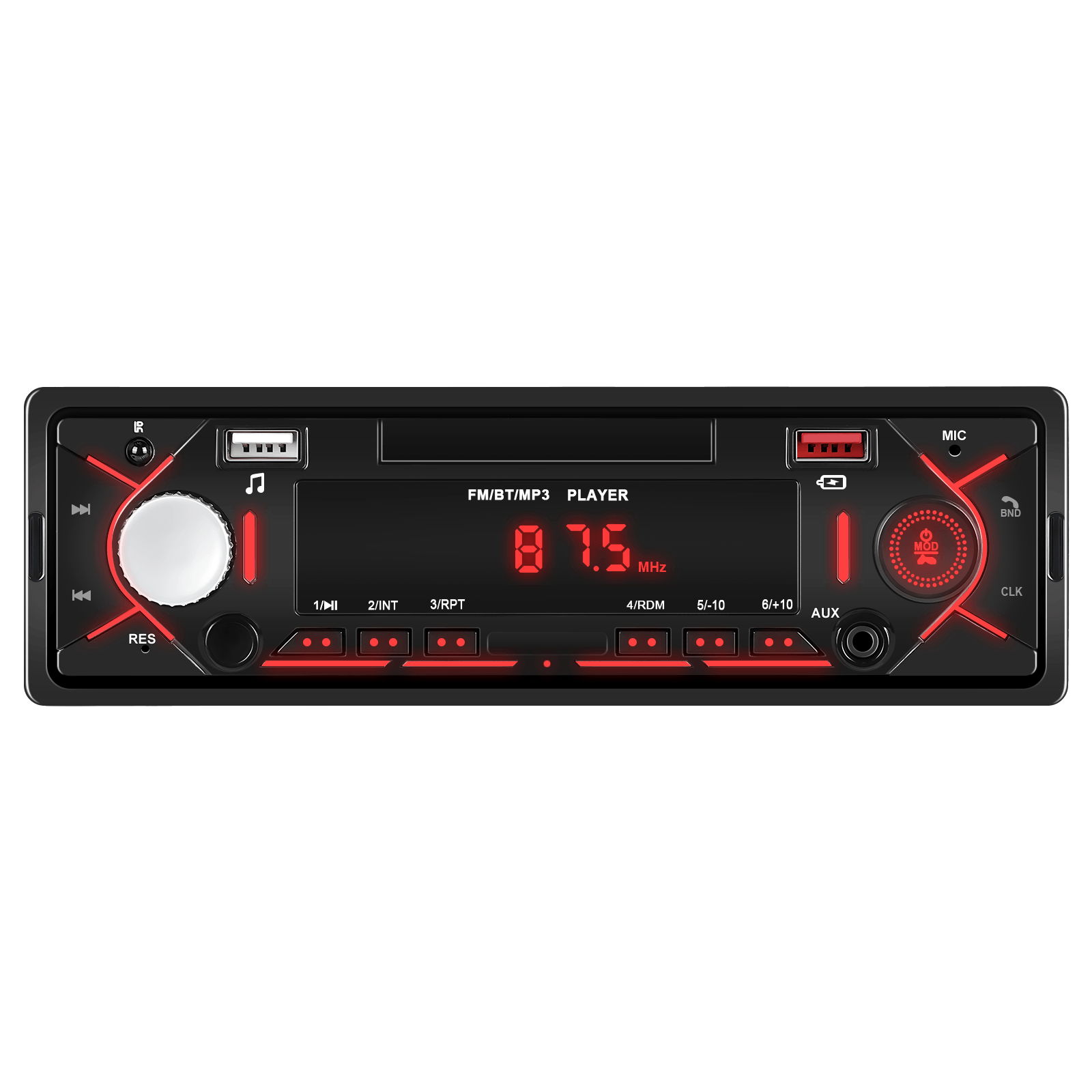 Uniwersalne radio 1-DIN z Bluetooth, FM i USB – odtwarzacz MP3 z wyświetlaczem LED z czerwonym podświetleniem i portami USB.