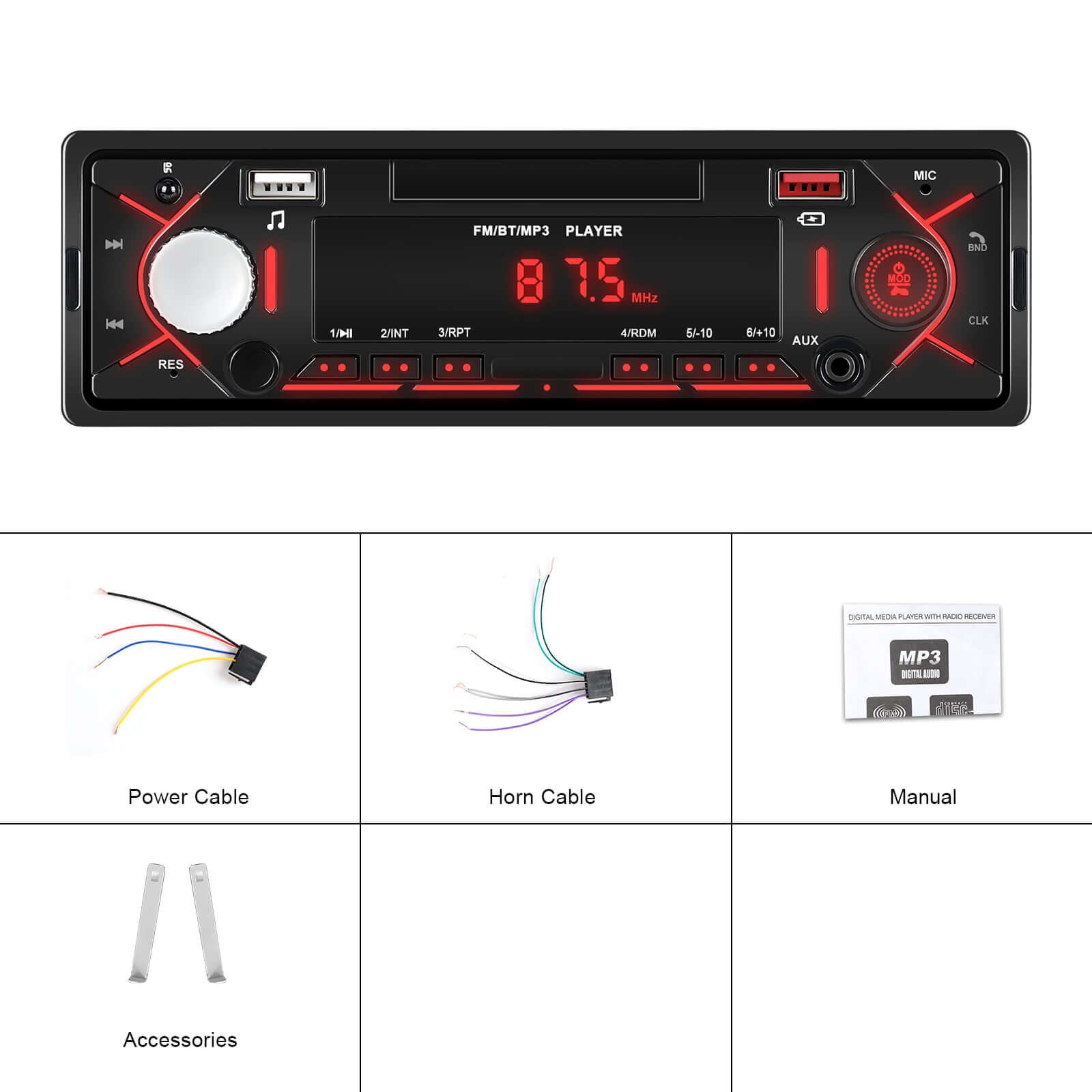 Uniwersalne radio 1-DIN z Bluetooth, FM i USB – odtwarzacz MP3 z panelem sterowania z wyświetlaczem LED i akcesoriami.