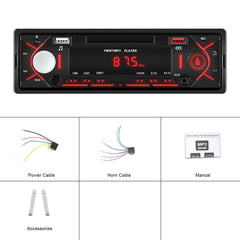 Uniwersalne radio 1-DIN z Bluetooth, FM i USB – odtwarzacz MP3 z panelem sterowania z wyświetlaczem LED i akcesoriami.