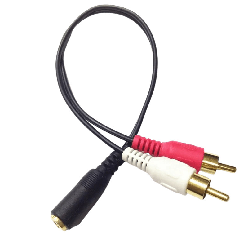RCA til 3,5 mm AUX splitter – han (rød/hvid) til hun (jack) med RCA og 3,5 mm AUX stik.