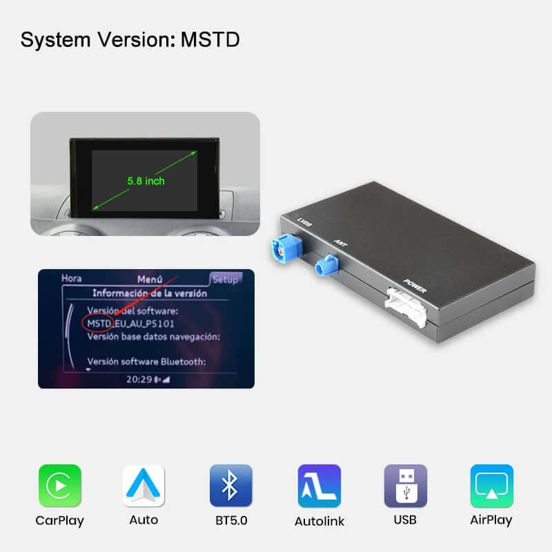 Bezprzewodowy Apple CarPlay i Android Auto do Audi A3 i Q2 (2012–2020) – wersja systemu fabrycznego ekranu MSTD