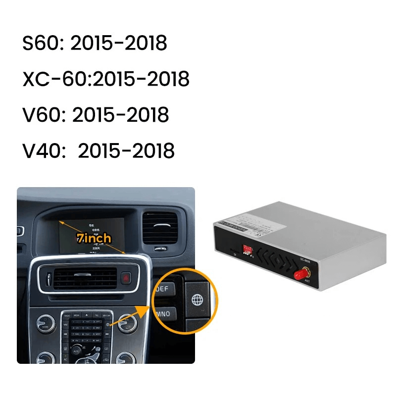 Bezprzewodowy moduł Apple CarPlay & Android Auto – Volvo S60/XC60/V40/V60 11-18 z ekranem 7” i jednostką.