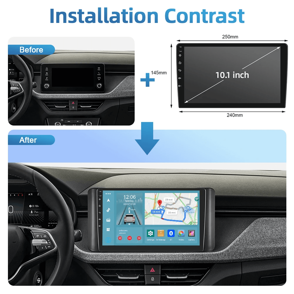 Kontrast instalacji VW Polo/Skoda Scala/Skoda Kamiq 20-25 – radio 10,1" z Apple CarPlay i Android Auto
